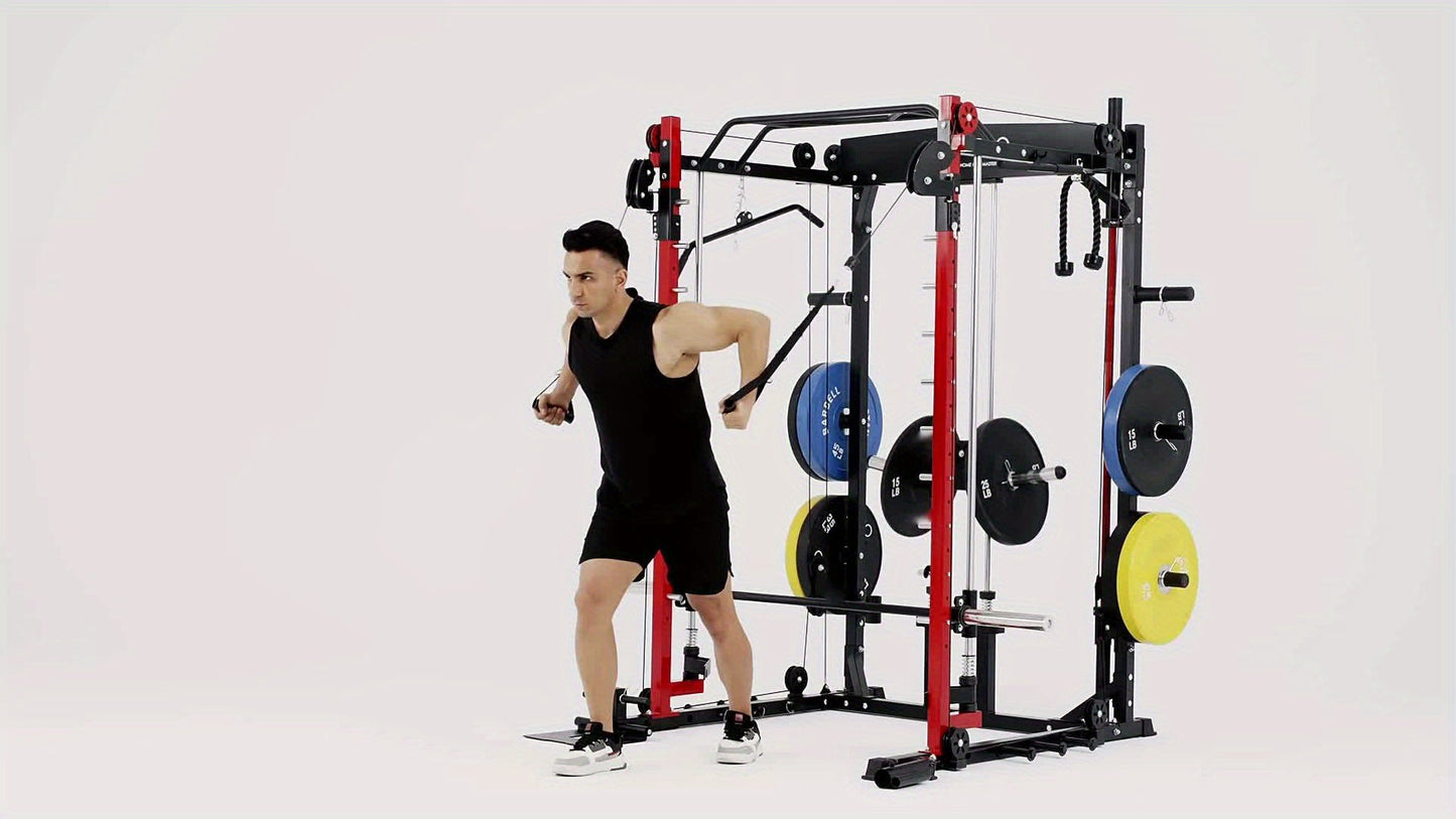 AII-IN-ONE Smith Machine With 2000 Pounds Capacity, Squat Rack With LAT-Pull Down System & Cable Crossover Machine, Multi-Function Power Cage With Cable Handle, T-bar And Other Attachments WardBoyzPROShop