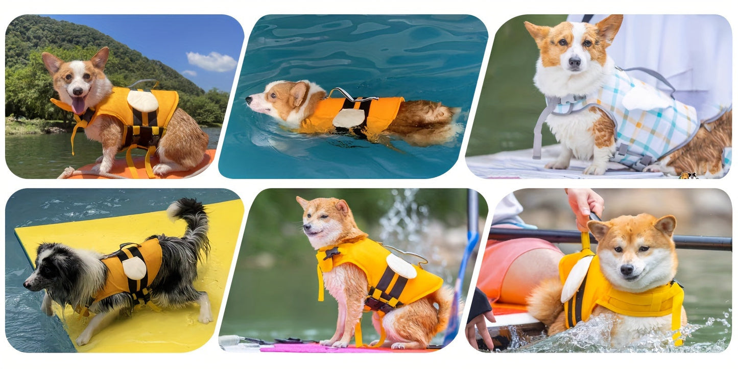 Adorable Bee-Themed Dog Life Jacket with Dinosaur Wings - Adjustable Safety Swim Vest for Small to Large Breeds, Hand-Wash Only, Dog Life Jacket for Swimming WardBoyzPROShop