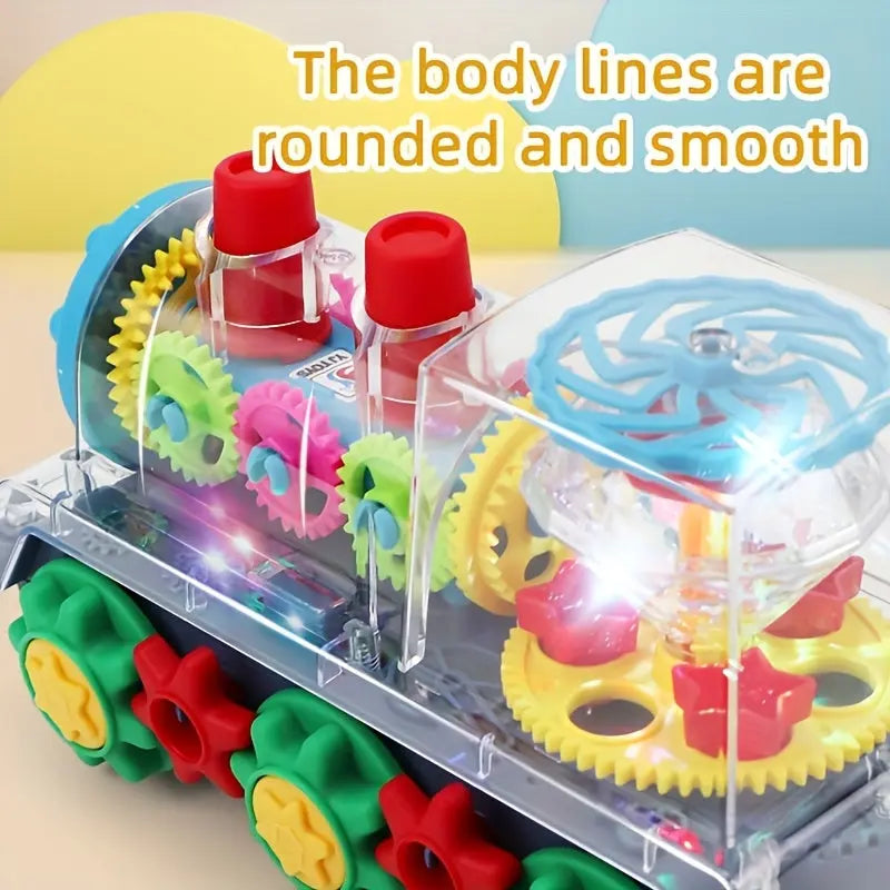 Transparent Small Train Head Gear Linkage Standing Rotating Toy Light Music Driving Christmas Holiday Toy Gift WardBoyzPROShop