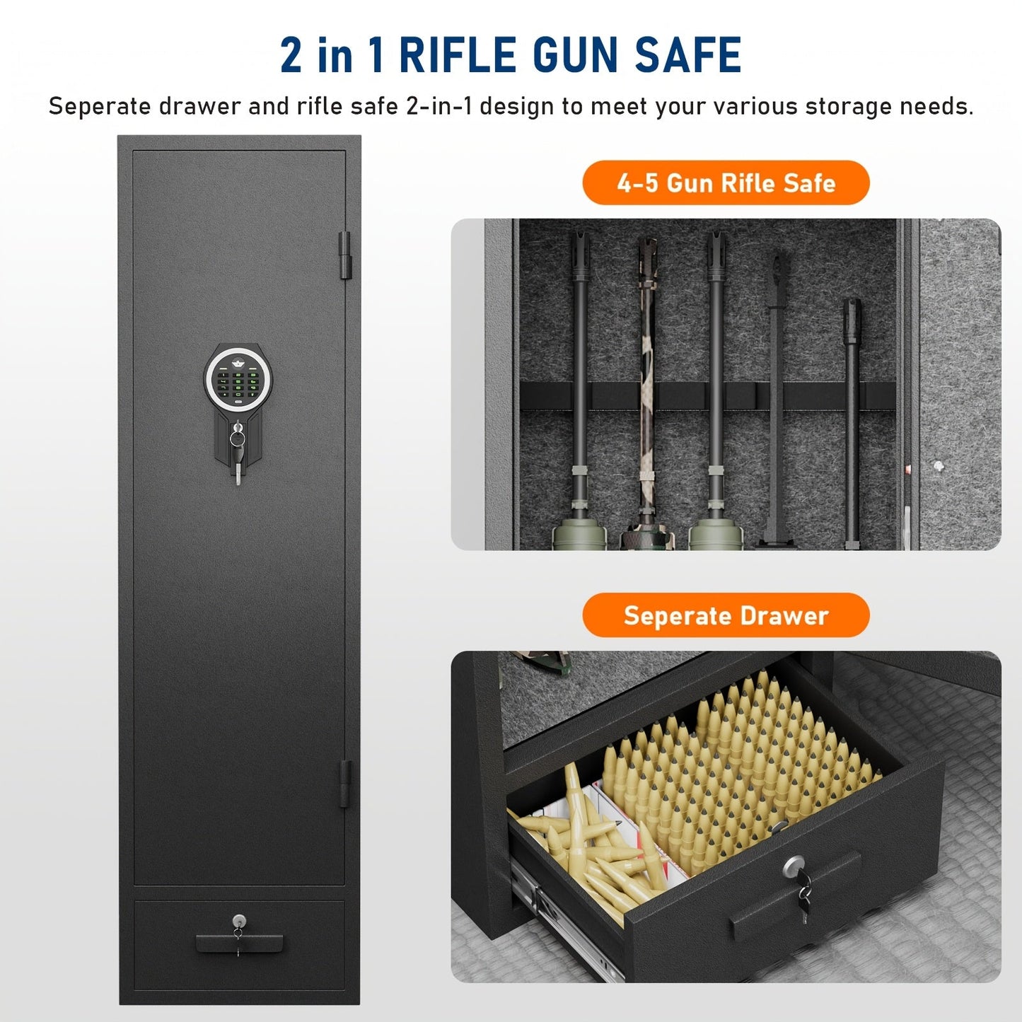 Kavey 4-5 Firearm Safe Cabinet, Security Safe for Rifles and Shotguns, with Combination Lock, LED Interior Lighting, Quick Access Drawer, and Removable Shelves, for Home - Non-Waterproof, Dry Battery Powered (Battery Not Incl WardBoyzPROShop