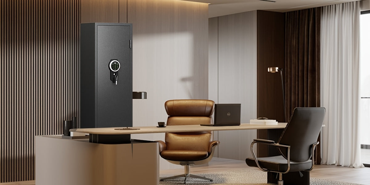 Kavey 4-5 Firearm Safe Cabinet, Security Safe for Rifles and Shotguns, with Combination Lock, LED Interior Lighting, Quick Access Drawer, and Removable Shelves, for Home - Non-Waterproof, Dry Battery Powered (Battery Not Incl WardBoyzPROShop