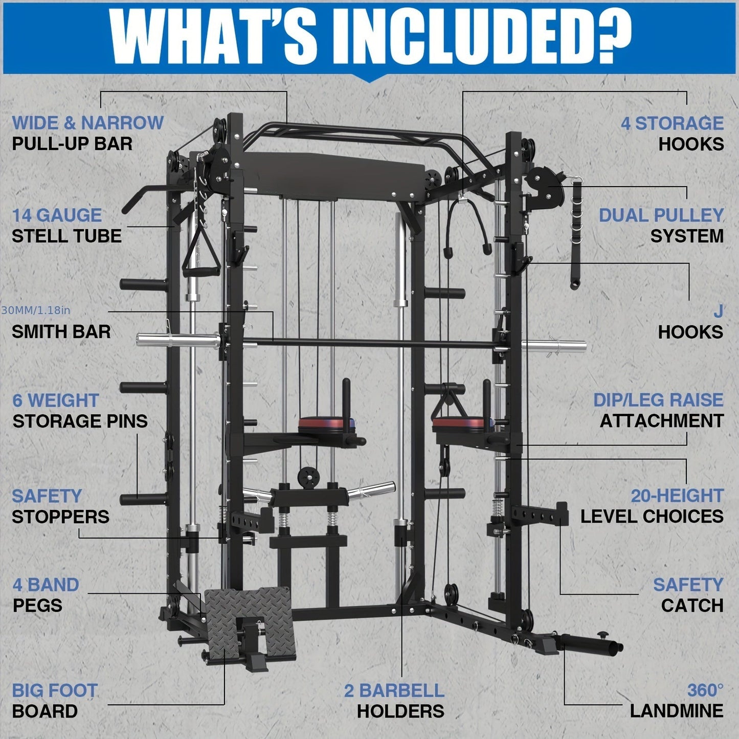 AII-IN-ONE Smith Machine With 2000 Pounds Capacity, Squat Rack With LAT-Pull Down System & Cable Crossover Machine, Multi-Function Power Cage With Cable Handle, T-bar And Other Attachments WardBoyzPROShop