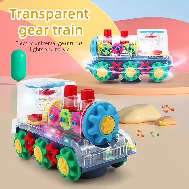 Transparent Small Train Head Gear Linkage Standing Rotating Toy Light Music Driving Christmas Holiday Toy Gift WardBoyzPROShop