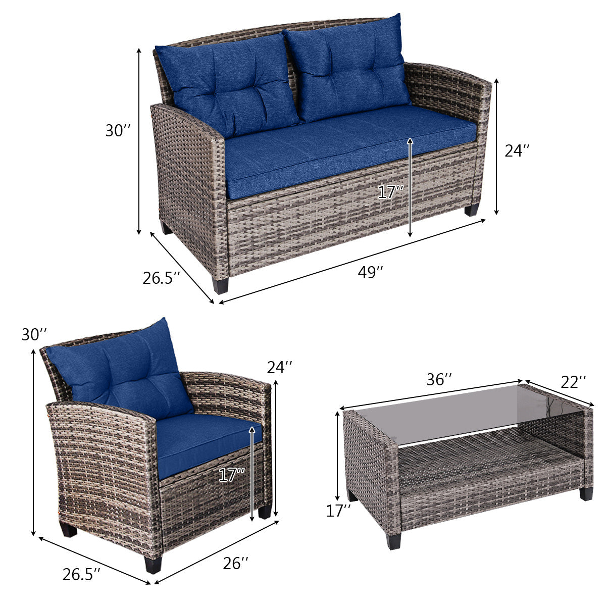 SAFSTAR 4 PCS Patio Rattan Furniture Set Coffee Table Cushioned Sofa Garden Lawn Navy WardBoyzPROShop