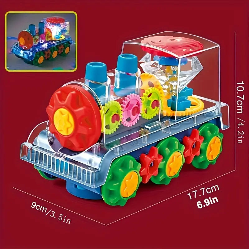 Transparent Small Train Head Gear Linkage Standing Rotating Toy Light Music Driving Christmas Holiday Toy Gift WardBoyzPROShop