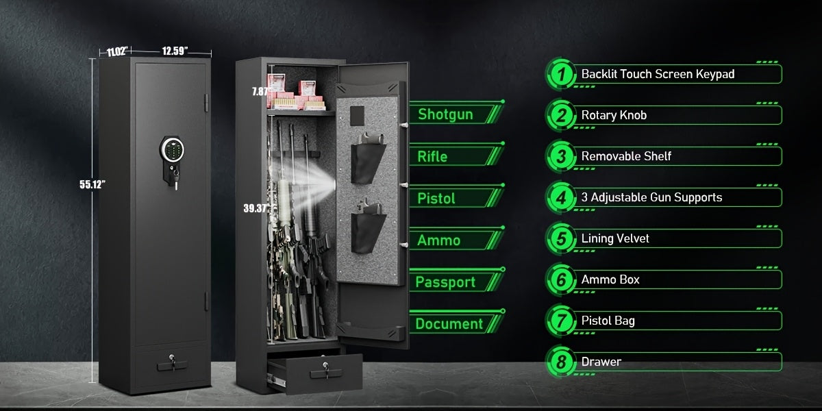 Kavey 4-5 Firearm Safe Cabinet, Security Safe for Rifles and Shotguns, with Combination Lock, LED Interior Lighting, Quick Access Drawer, and Removable Shelves, for Home - Non-Waterproof, Dry Battery Powered (Battery Not Incl WardBoyzPROShop