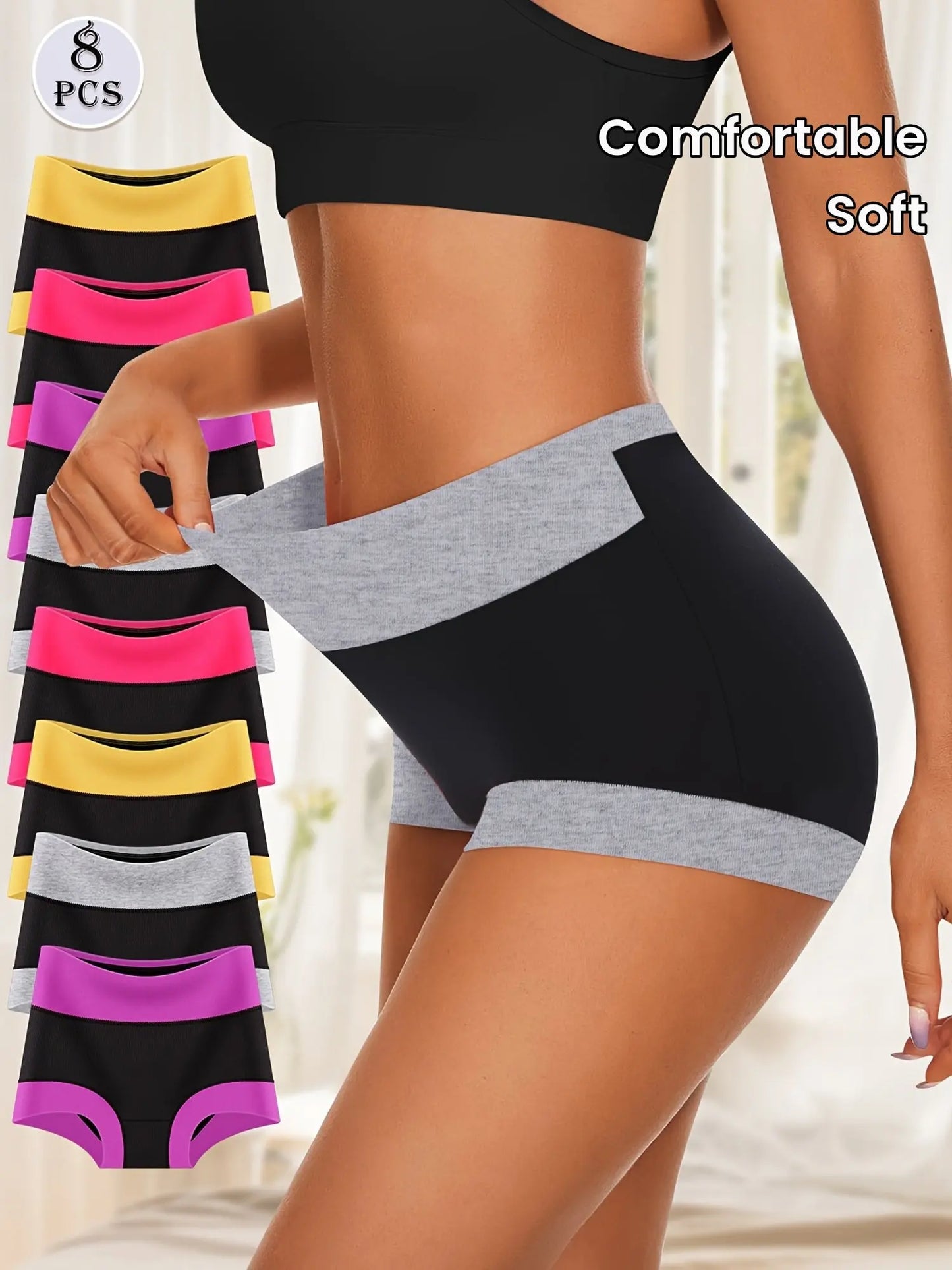 8pcs Women's Boyshorts High Waist Briefs, Boxer Briefs, Soft, Comfortable, Contrast Color, Light Tummy Control WardBoyzPROShop