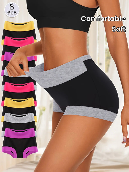 8pcs Women's Boyshorts High Waist Briefs, Boxer Briefs, Soft, Comfortable, Contrast Color, Light Tummy Control WardBoyzPROShop