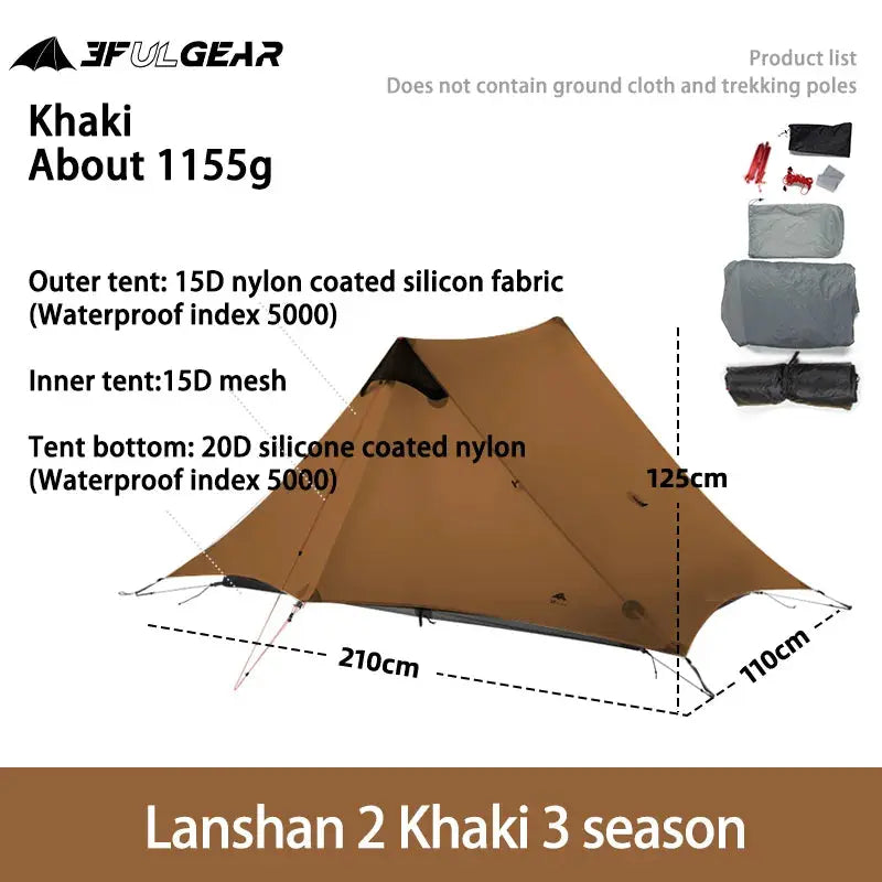 LanShan 2 3F UL GEAR 2 Person 1 Person Outdoor Ultralight Camping Tent 3 Season 4 Season Professional 15D Silnylon Rodless Tent WardBoyzPROShop