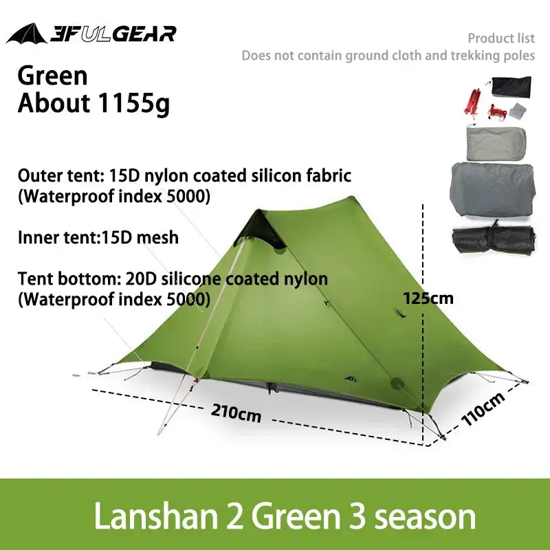 LanShan 2 3F UL GEAR 2 Person 1 Person Outdoor Ultralight Camping Tent 3 Season 4 Season Professional 15D Silnylon Rodless Tent WardBoyzPROShop