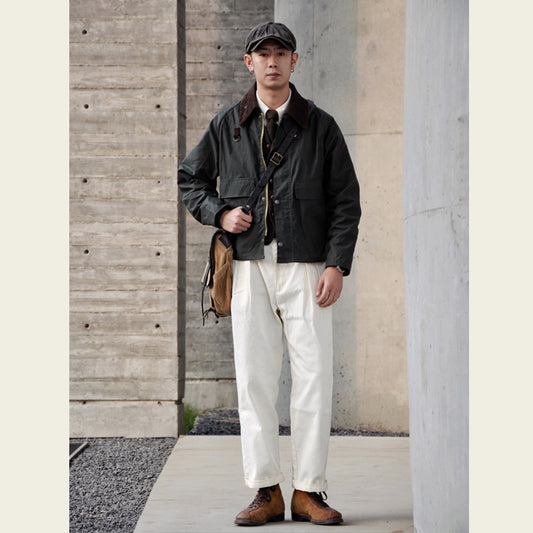 GDDQSDC Hunting Oil Wax Jacket Unisex Fly Fishing Jacket Loose Short Profile Lapel Vintage Tooling Top