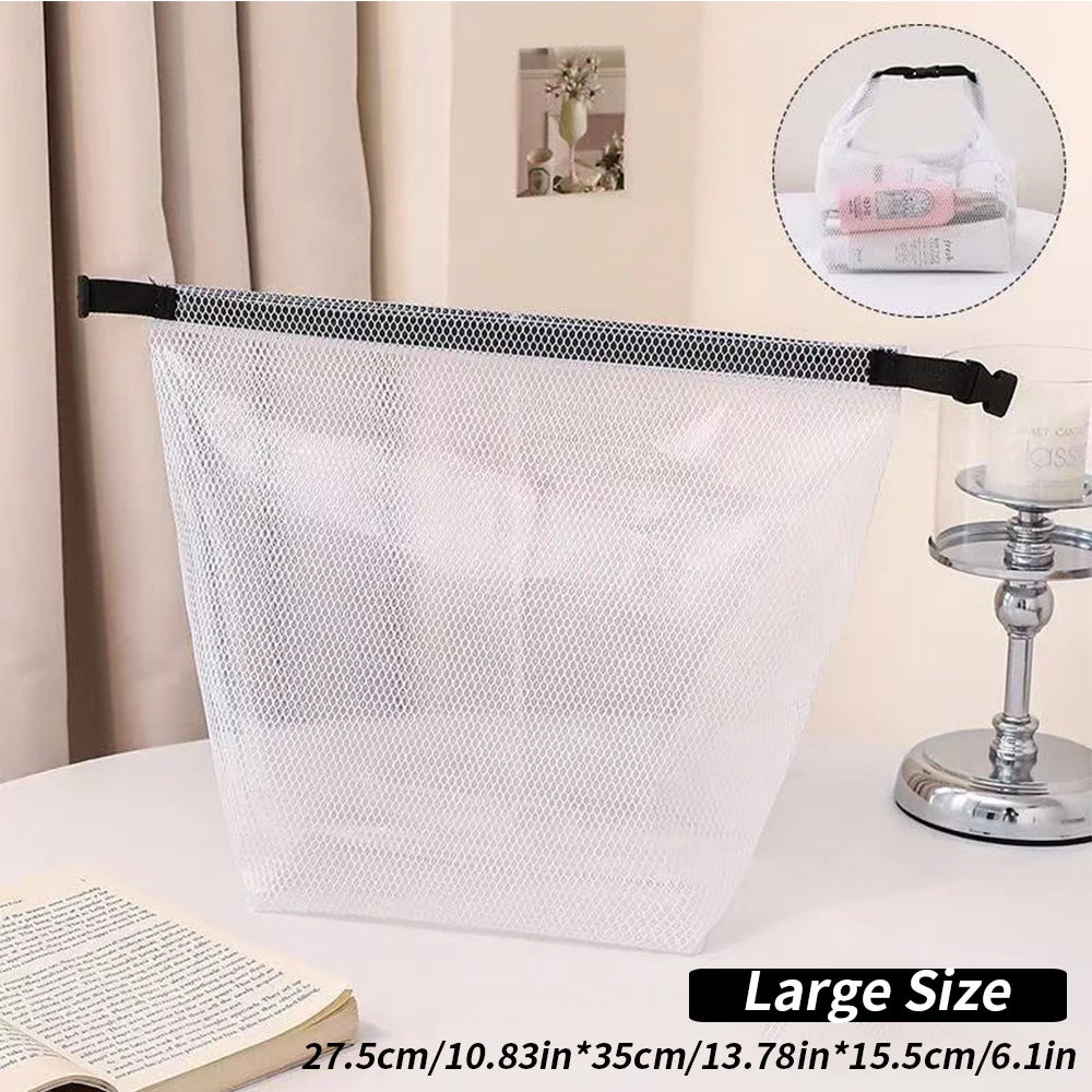 Waterproof Mesh Toiletry Bag, Drawstring Cosmetic Organizer with Quick-Release Buckle, Transparent Pouch for Travel, Gym, and Ba