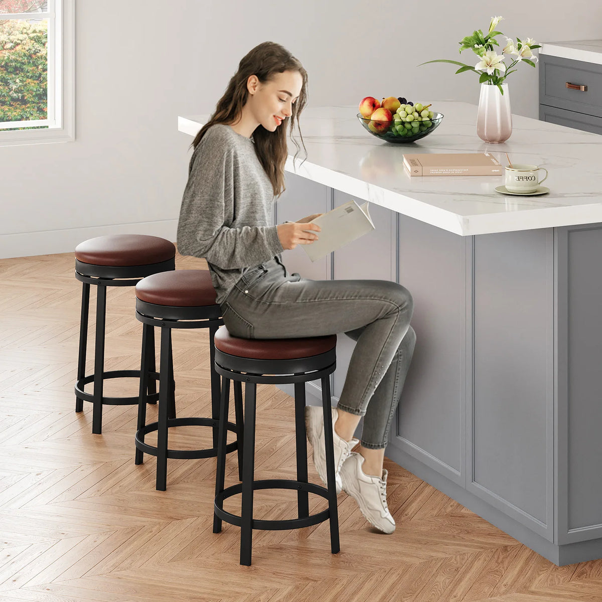24'' Swivel Bar Stools Backless Modern Counter Height Barstools with PU Leather Upholstered and Metal Frame for Kitchen Island