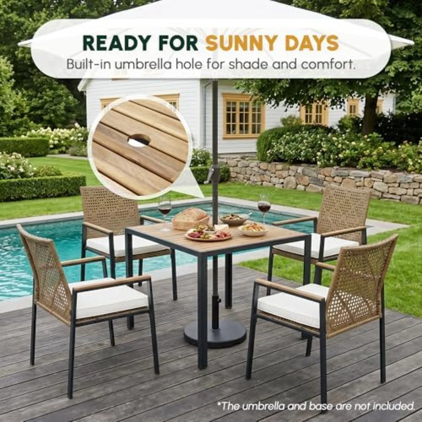 5-Pcs Rattan Patio Furniture Dining Set, Acacia Wood Table, Brown | Metal frame outdoor set with PE rattan cushioned