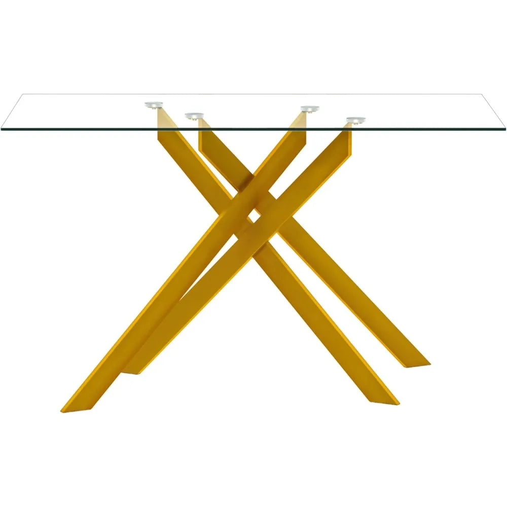 Modern Glass Dining Table for 4 with Gold Nest-Shape Metal Base Kitchen Table for Dining Room Home