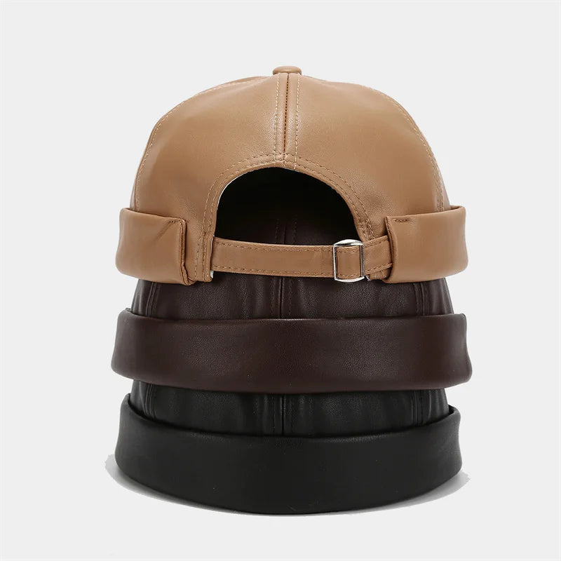 Retro Solid Color Brimless Hat Spring Summer Fashion Casual PU Leather Melon Caps Docker Cap Men Women Adjustable Hip Hop Hats WardBoyzPROShop