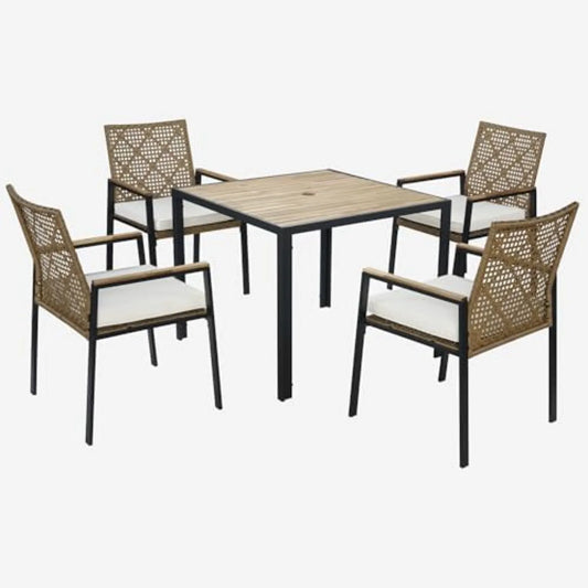 5-Pcs Rattan Patio Furniture Dining Set, Acacia Wood Table, Brown | Metal frame outdoor set with PE rattan cushioned