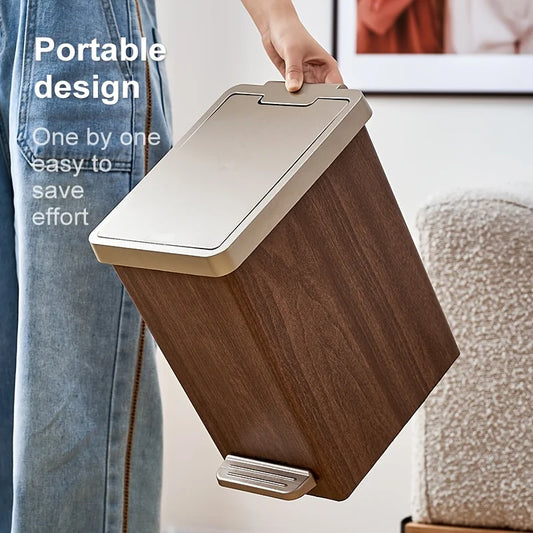Large Capacity Trash Can,Elegant Wood Grain Design。Durable Plastic,Mute off,Save Space。Suitable for Kitchen、Bathroom、Office、Bedr