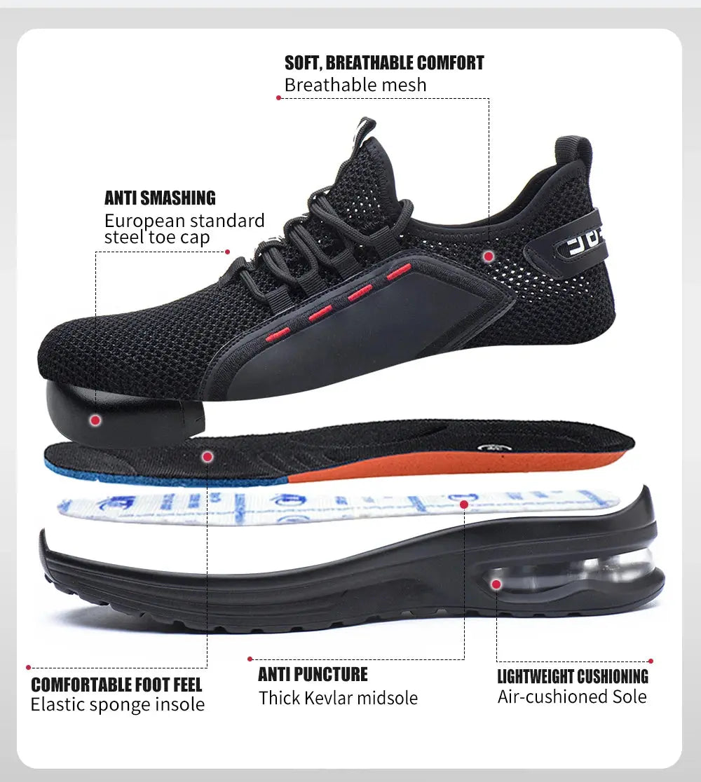 Men's Summer Mesh Safety Shoes Steel Toe Anti- Crush Breathable Lightweight Work Shoes Knitted Upper Kevlar Insertion Proof WardBoyzPROShop