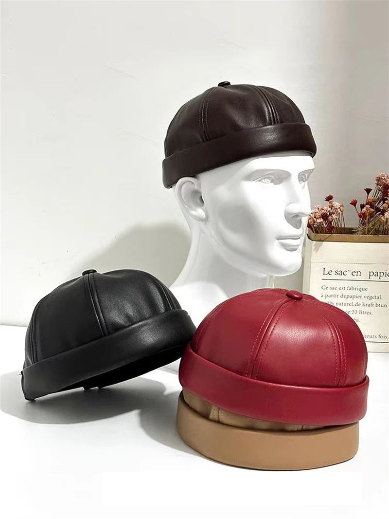 Retro Solid Color Brimless Hat Spring Summer Fashion Casual PU Leather Melon Caps Docker Cap Men Women Adjustable Hip Hop Hats WardBoyzPROShop