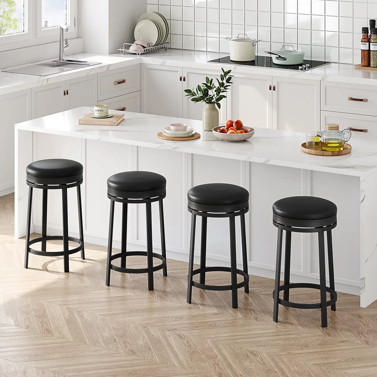 24'' Swivel Bar Stools Backless Modern Counter Height Barstools with PU Leather Upholstered and Metal Frame for Kitchen Island