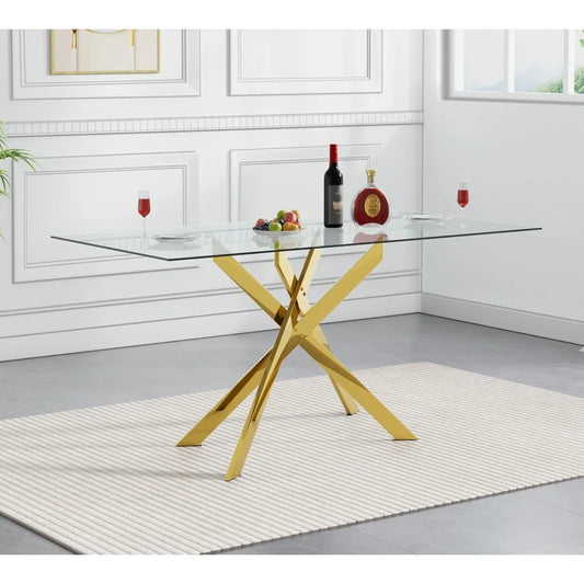 Modern Glass Dining Table for 4 with Gold Nest-Shape Metal Base Kitchen Table for Dining Room Home