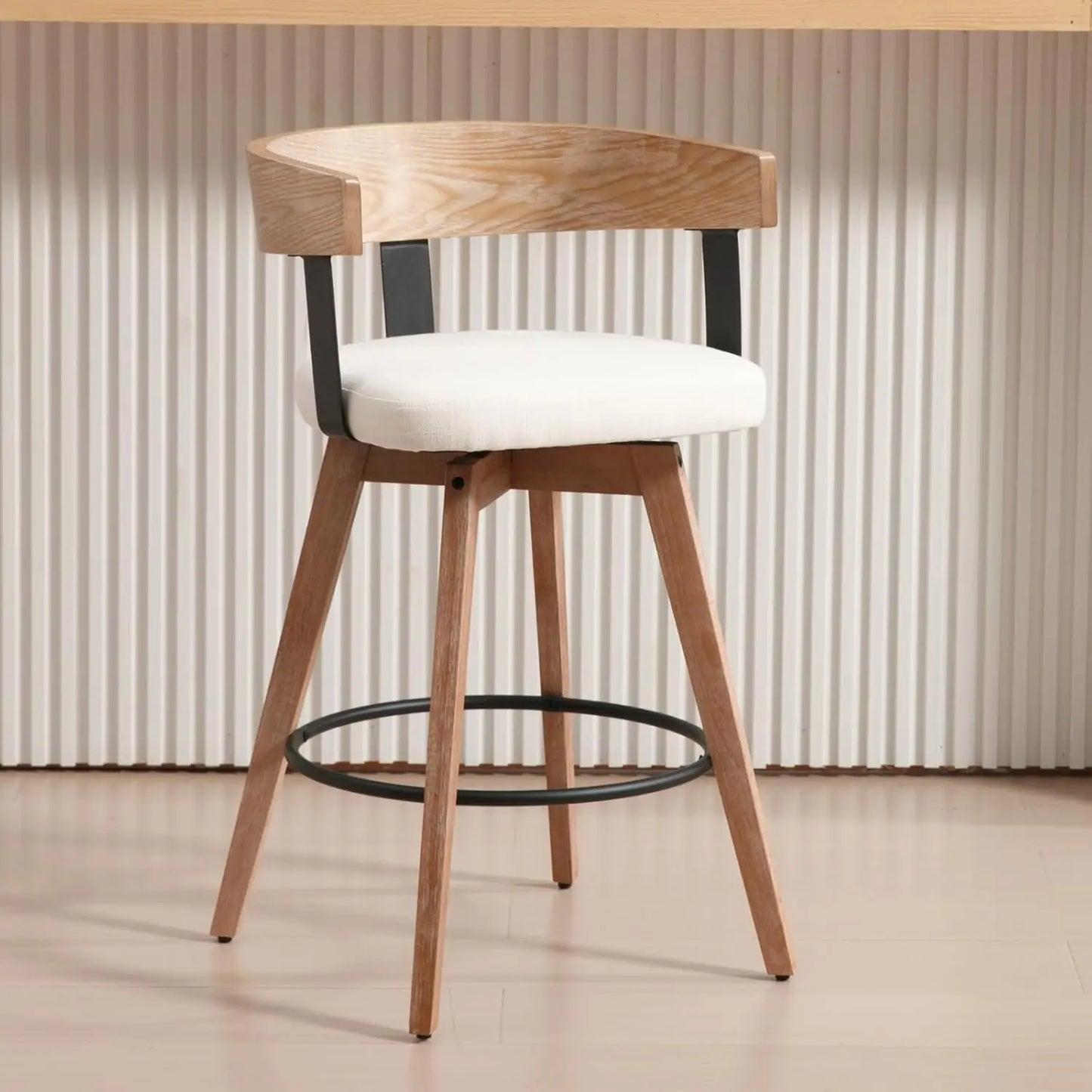 Swivel Bar Stools Set of 2, 26" Counter Height Bar Stool with Footrest Modern Wood Barstools with Linen Upholstered