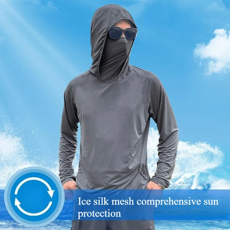Summer Men's Hooded Sunscreen Clothing Long Sleeves Ultra-thin Ice Silk Coolchill Fabric Outdoor Cycling Fishing Mesh Pullover WardBoyzPROShop
