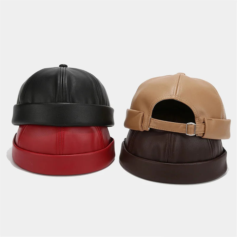 Retro Solid Color Brimless Hat Spring Summer Fashion Casual PU Leather Melon Caps Docker Cap Men Women Adjustable Hip Hop Hats WardBoyzPROShop