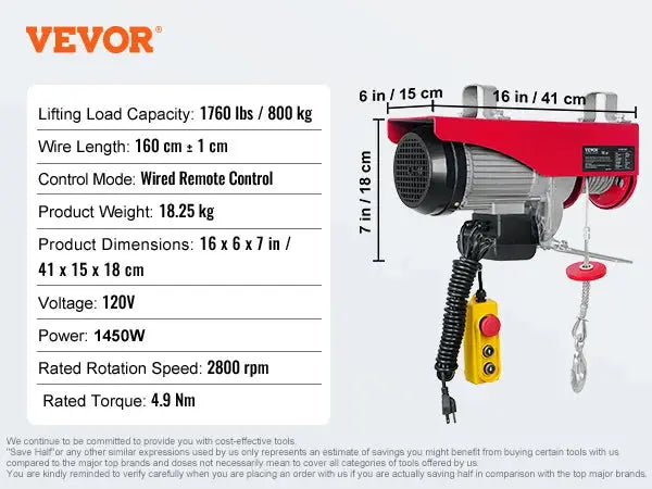 VEVOR 200-800kg Electric Hoist with Wired/Wireless Remote Control Lifting Crane Cable Hoist Winch for Boat Car Garage Elevator WardBoyzPROShop