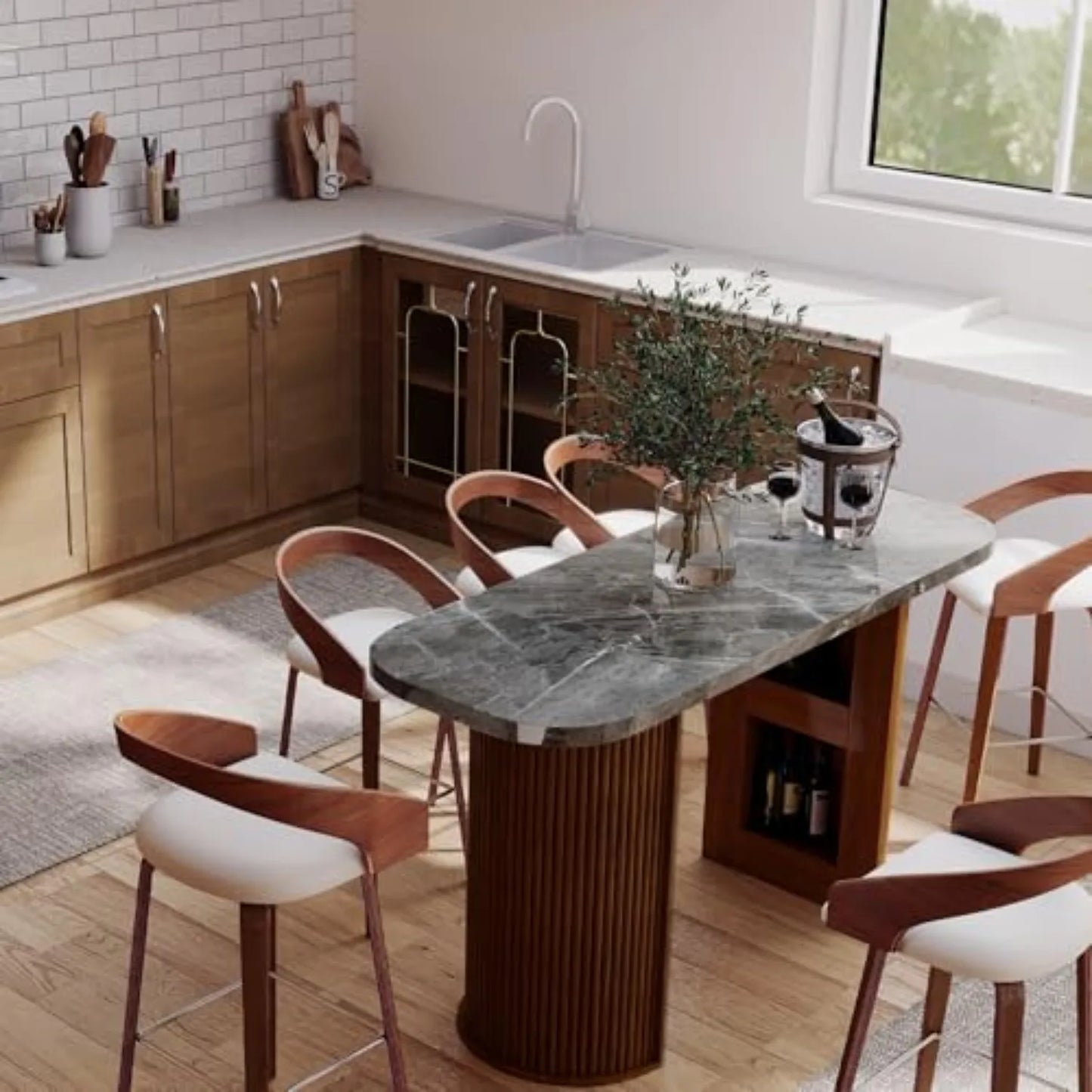 Fluted Counter Height Bar Table, 64in Home Bar Unit, High Top Table 2-6 Person Counter with Storage Marble Finish Tall