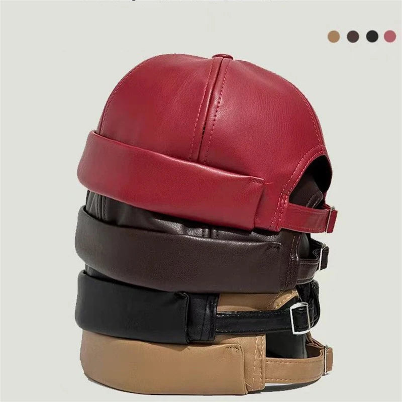 Retro Solid Color Brimless Hat Spring Summer Fashion Casual PU Leather Melon Caps Docker Cap Men Women Adjustable Hip Hop Hats WardBoyzPROShop