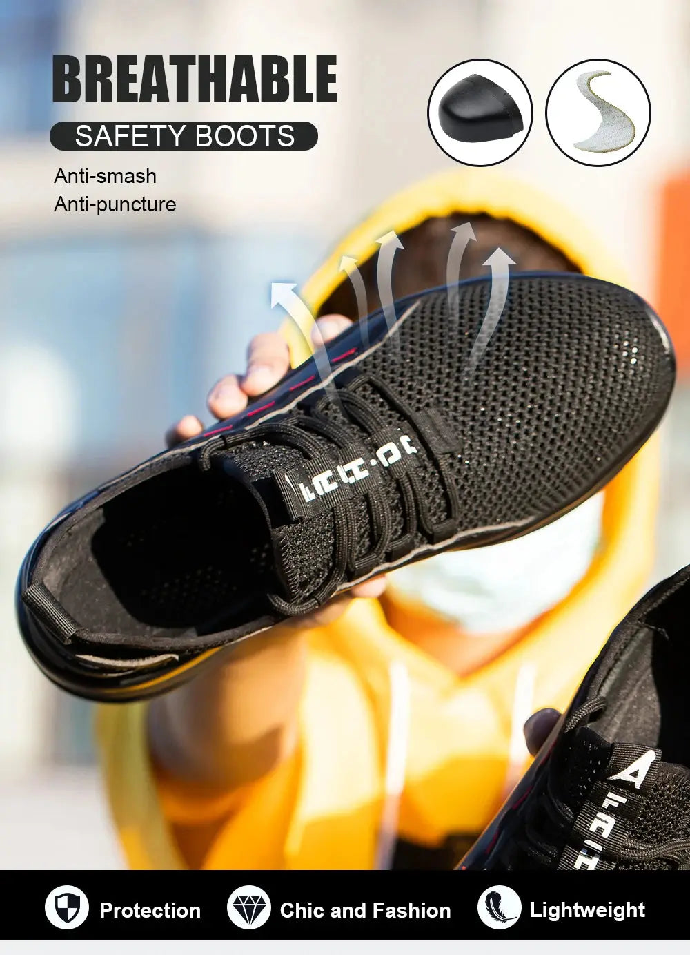 Men's Summer Mesh Safety Shoes Steel Toe Anti- Crush Breathable Lightweight Work Shoes Knitted Upper Kevlar Insertion Proof WardBoyzPROShop