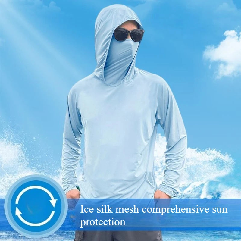 Summer Men's Hooded Sunscreen Clothing Long Sleeves Ultra-thin Ice Silk Coolchill Fabric Outdoor Cycling Fishing Mesh Pullover WardBoyzPROShop