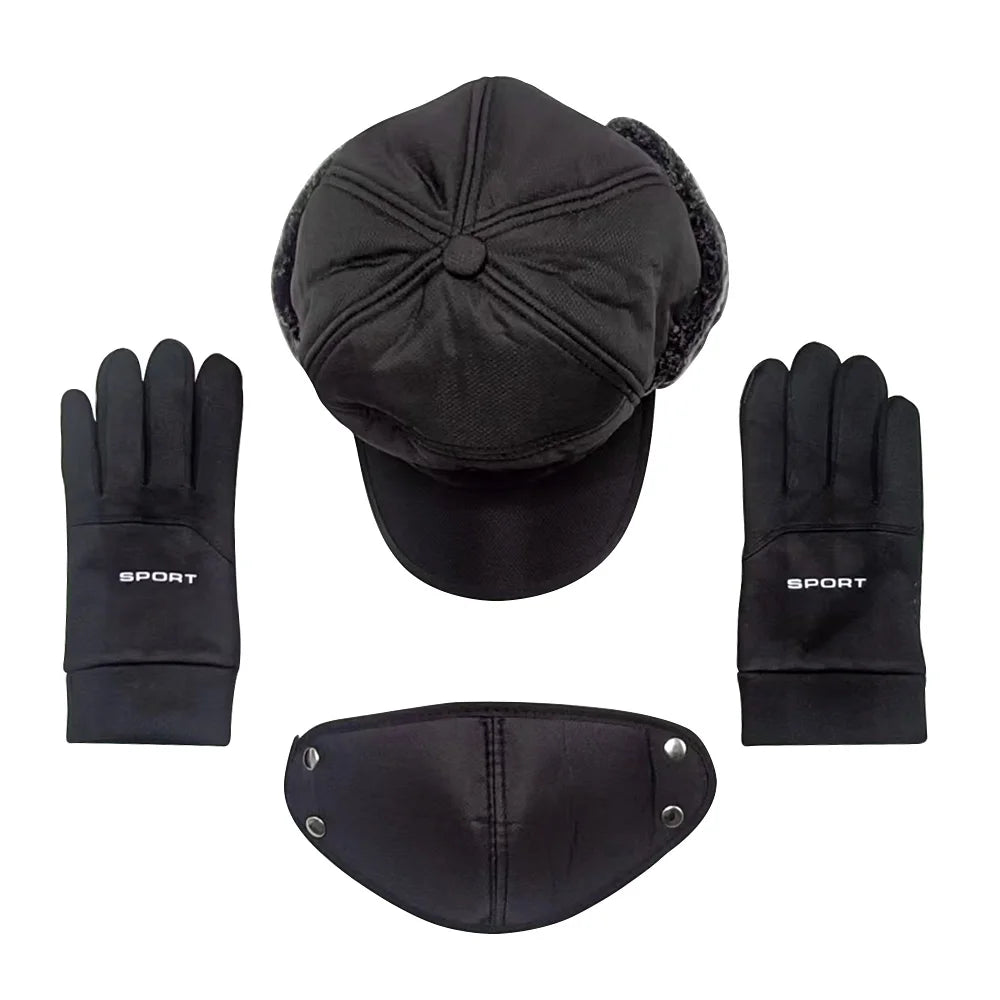 4Pcs Warm Thickened Cold-Proof Hat Winter Outdoor Cycling Warm Non-Slip Gloves Ski Windproof Face Mask Warm Four-Piece Set S003750