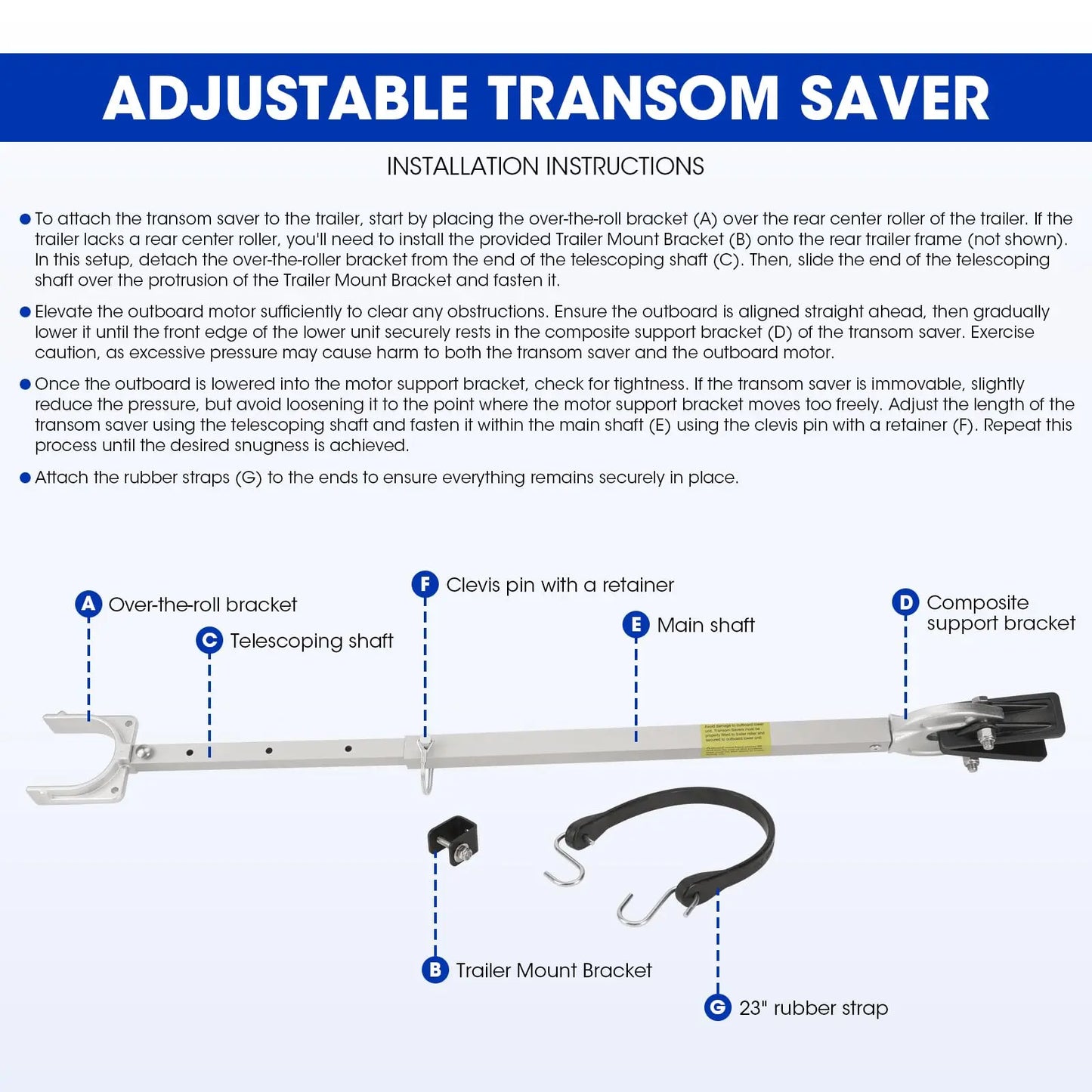 Adjustable Transom Saver 23 to 35 Inches Boat Motor Support Heavy-Duty Composite Head Holds Engine Roller and Trailer Mounts