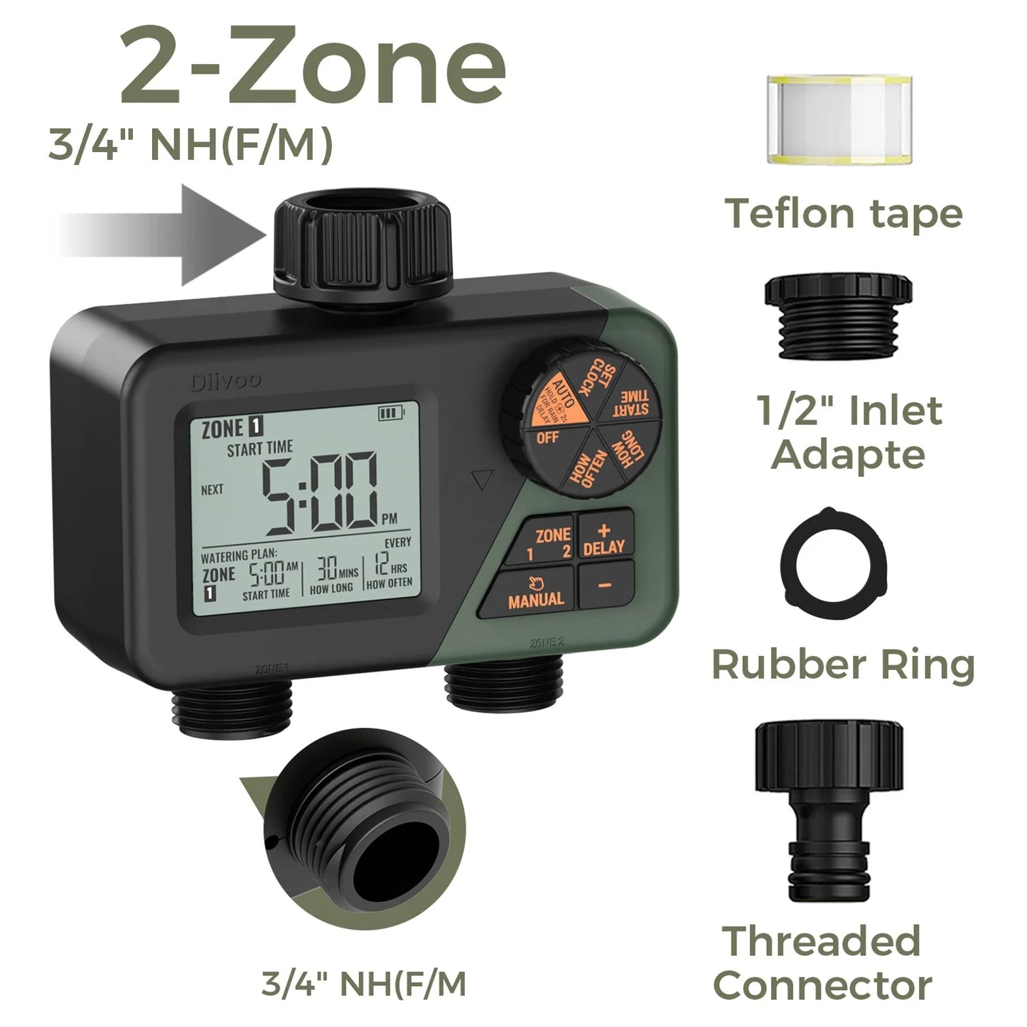 Diivoo Garden Water Timer 3 Zone Programmable Automatic Irrigation Timer with Rain Delay Manual/Auto Mode Watering for Lawn Yard