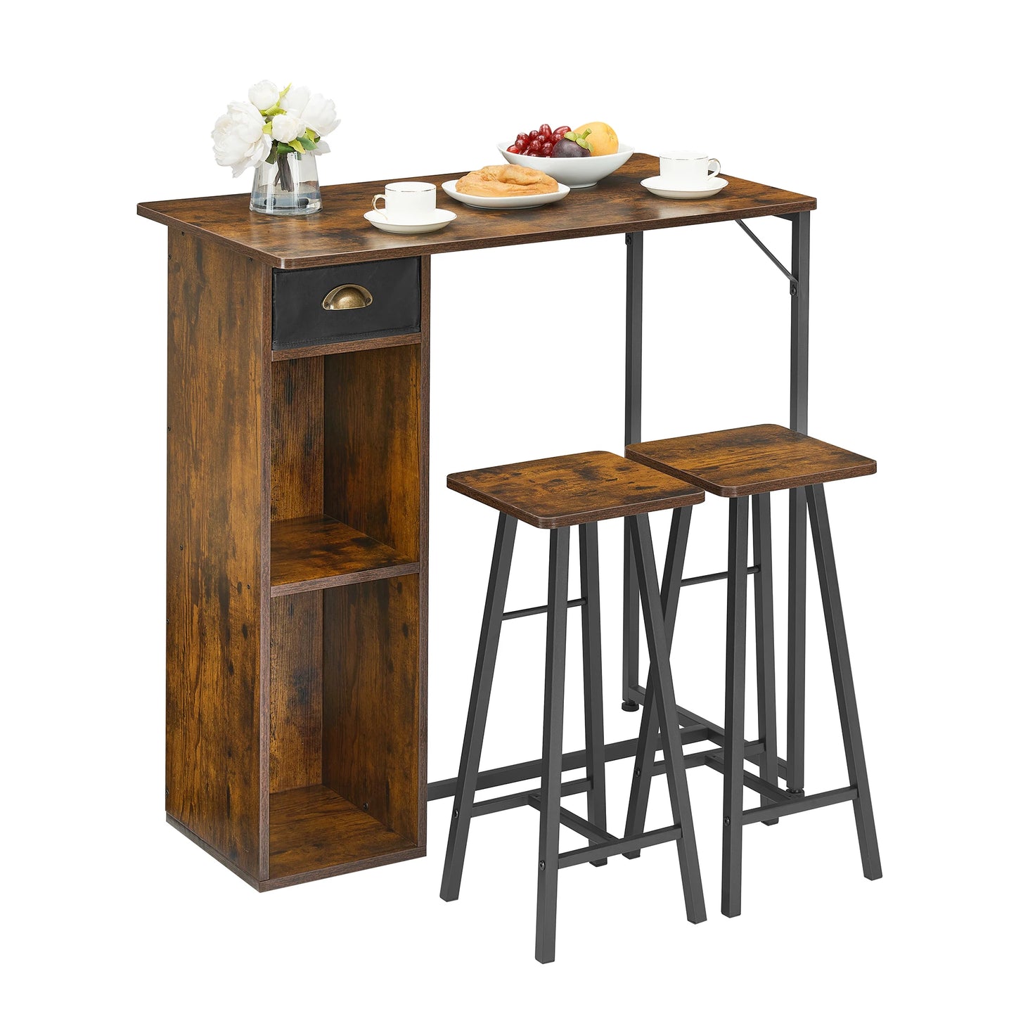 Versatile 3 Piece Dining Table Set with Storage Drawer & 3-Tier Shelf,Counter Height Table and 2 Barstools,Space-Saving