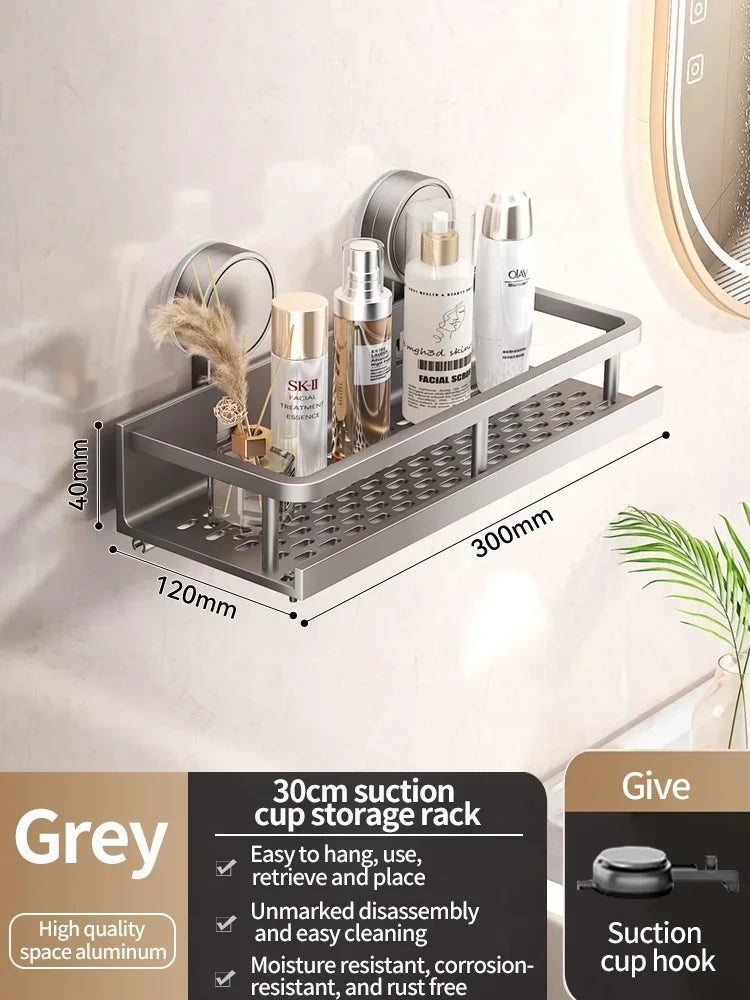 No Drill Bathroom Shelf with Suction Cup Waterproof Aluminum Storage Rack Shower Organizer for Shampoo Soap Toiletries
