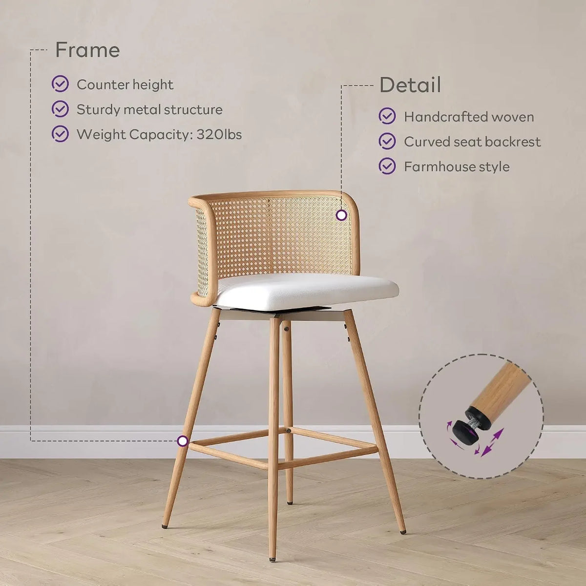 26" Swivel Rattan Bar Stools Set of 4, Counter Height Barstools, White |, Farmhouse, Mid-Century Modern, Natural, Rattan Woven