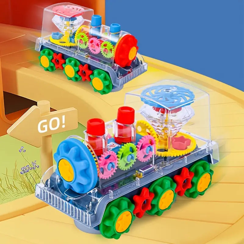 Transparent Small Train Head Gear Linkage Standing Rotating Toy Light Music Driving Christmas Holiday Toy Gift WardBoyzPROShop
