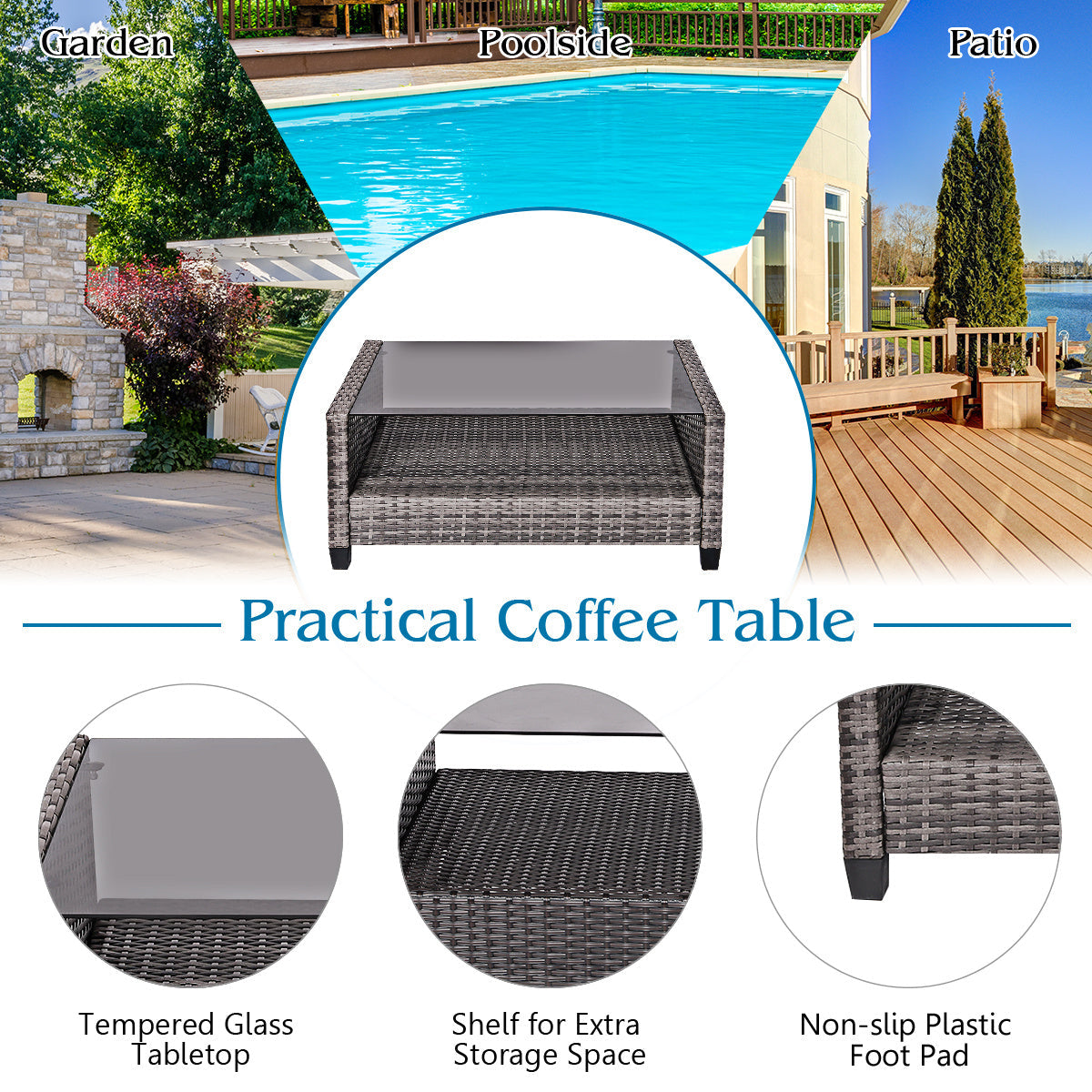 SAFSTAR 4 PCS Patio Rattan Furniture Set Coffee Table Cushioned Sofa Garden Lawn Navy WardBoyzPROShop