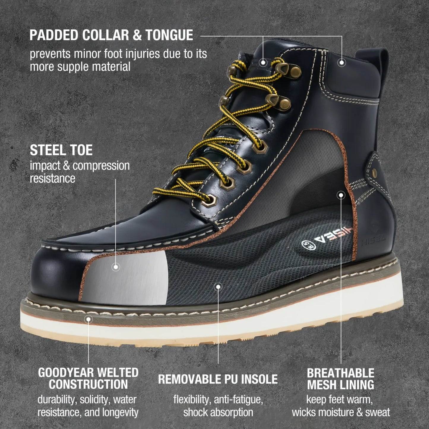 HISEA Work Boots For Men Steel Toe Boots, 6'' Waterproof Slip Resistant Industrial & Construction Work Boots WardBoyzPROShop