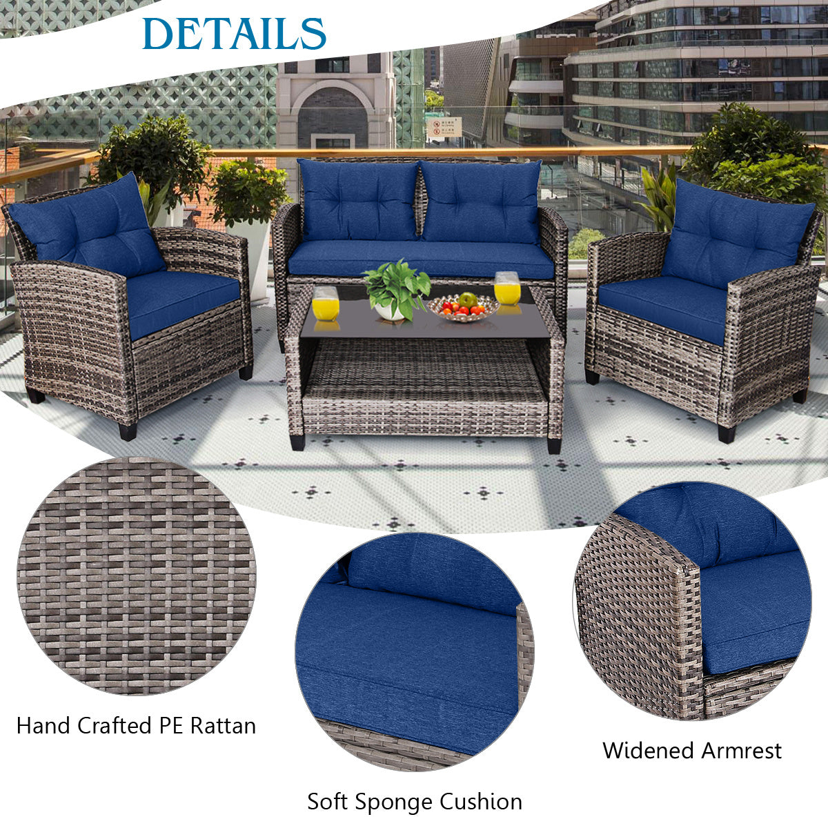 SAFSTAR 4 PCS Patio Rattan Furniture Set Coffee Table Cushioned Sofa Garden Lawn Navy WardBoyzPROShop