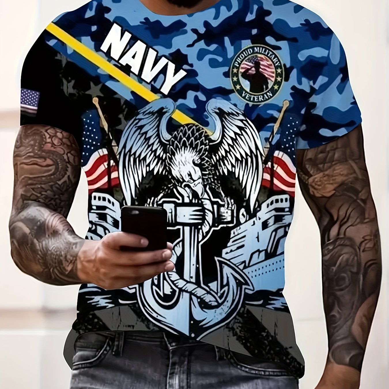 Men's Casual Camouflage T-Shirt - Patriotic Navy Eagle Graphic Tee, Short Sleeve, Crew Neck, Military Inspired Streetwear - Blue Camo Print - For Men - Suitable for Casual Wear - Perfect Gift for Fathers Day WardBoyzPROShop