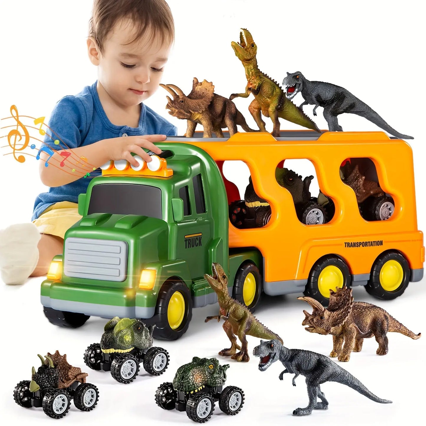 Baby Home Dinosaurs & Truck Toys Transport Car With 3 Dino Figures & 3 Monster Cars, Friction Toy Vehicle In Carrier Truck With Light & Sound, Play Gift Set Halloween, Christmas Gift WardBoyzPROShop