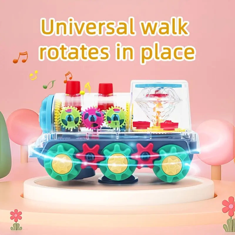 Transparent Small Train Head Gear Linkage Standing Rotating Toy Light Music Driving Christmas Holiday Toy Gift WardBoyzPROShop
