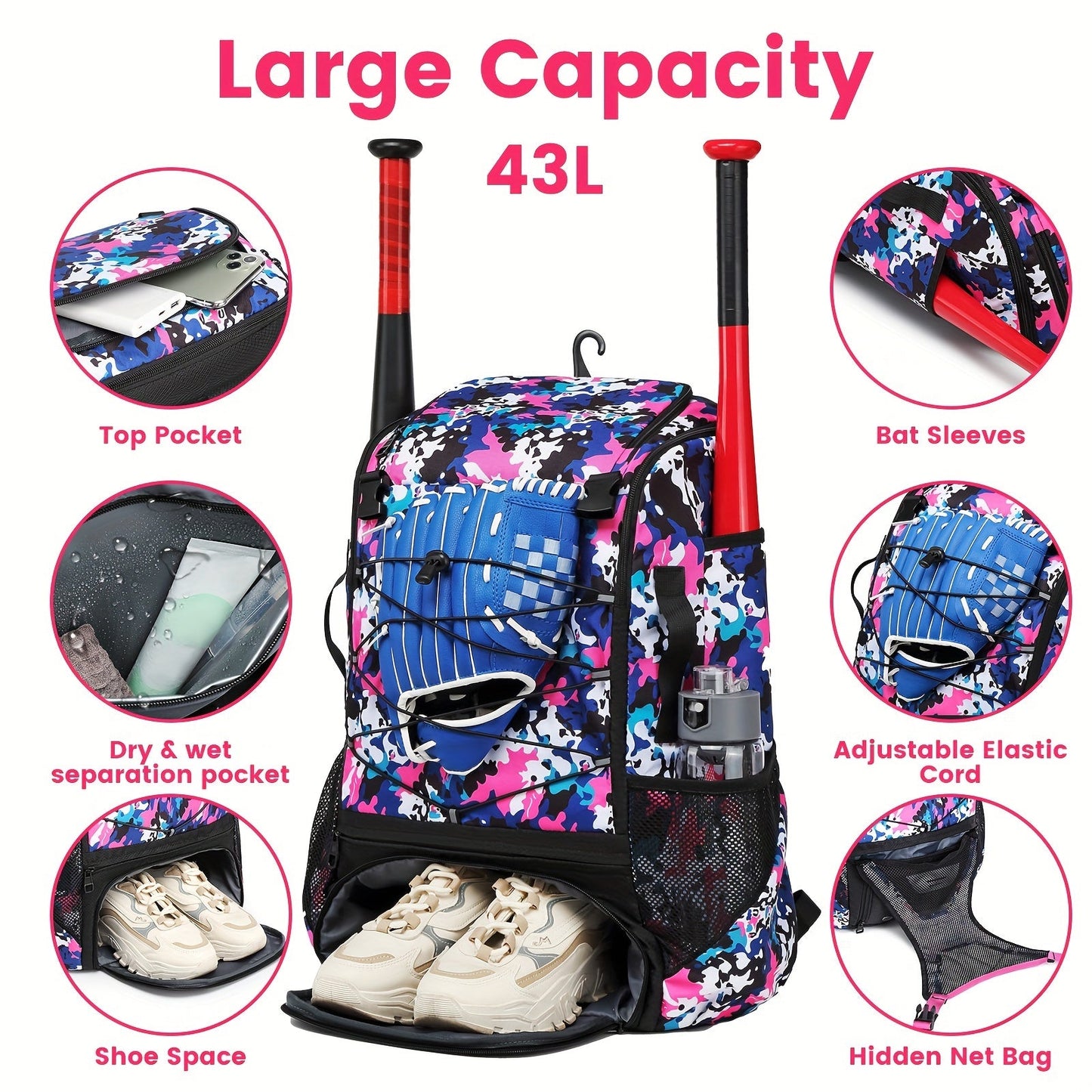 Large Capacity Baseball Backpack Softball Bag, External Helmet Holder And Fence Hook Baseball Backpack, With Shoes Compartment, - Holds Bats, Helmets, Gloves, Hats, Clothes, And Shoes For Baseball And Softball Players WardBoyzPROShop