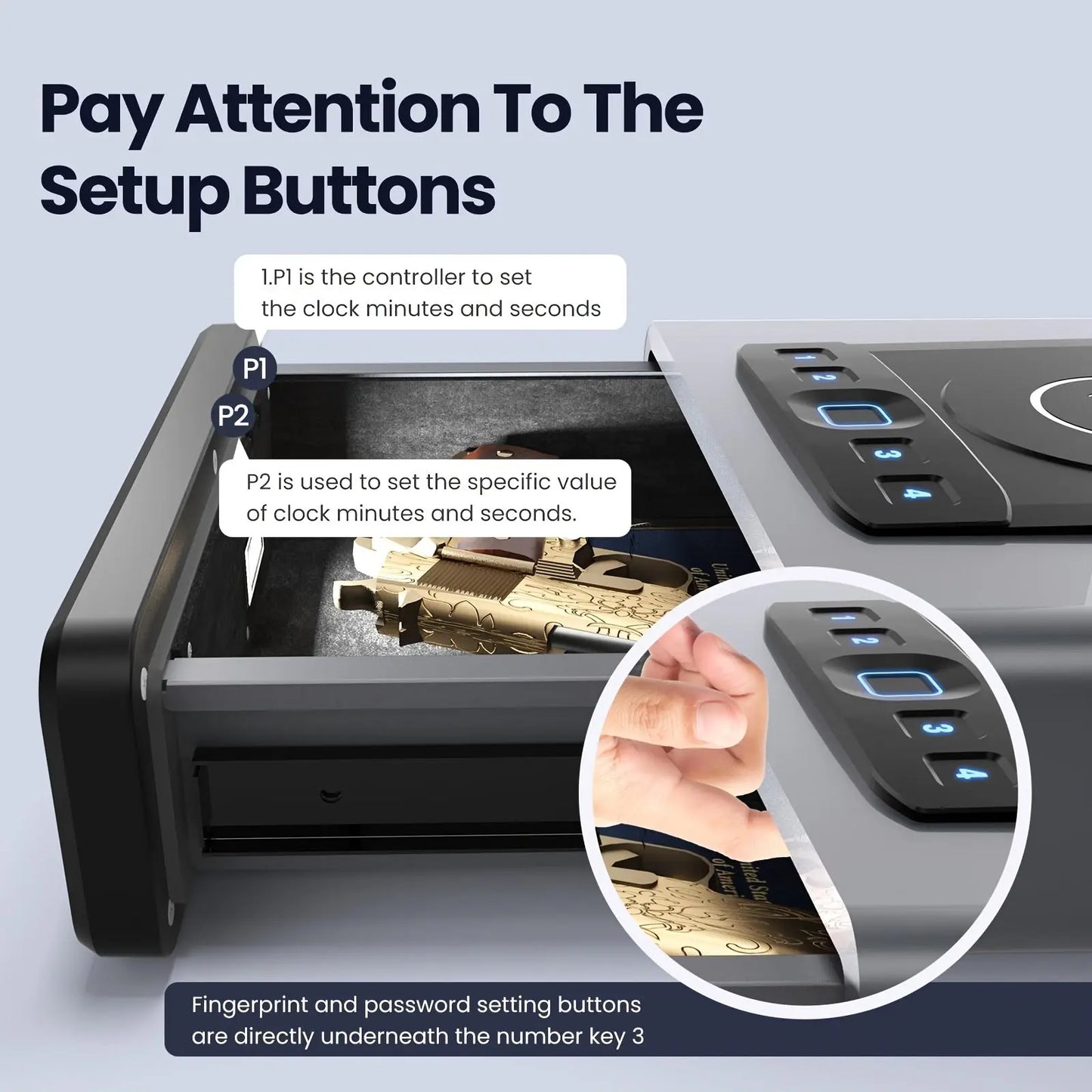 Grimtron Gun Case - Biometric Gun Safe, Grey And Black Novel Home Fingerprint Safe With LED Clock, DOJ Pistol Safe With 2-in-1 Watch And Mobile Wireless Charging, Backlit Keypad, LED Light, Safety Cable, Automatic Epop Unlock WardBoyzPROShop
