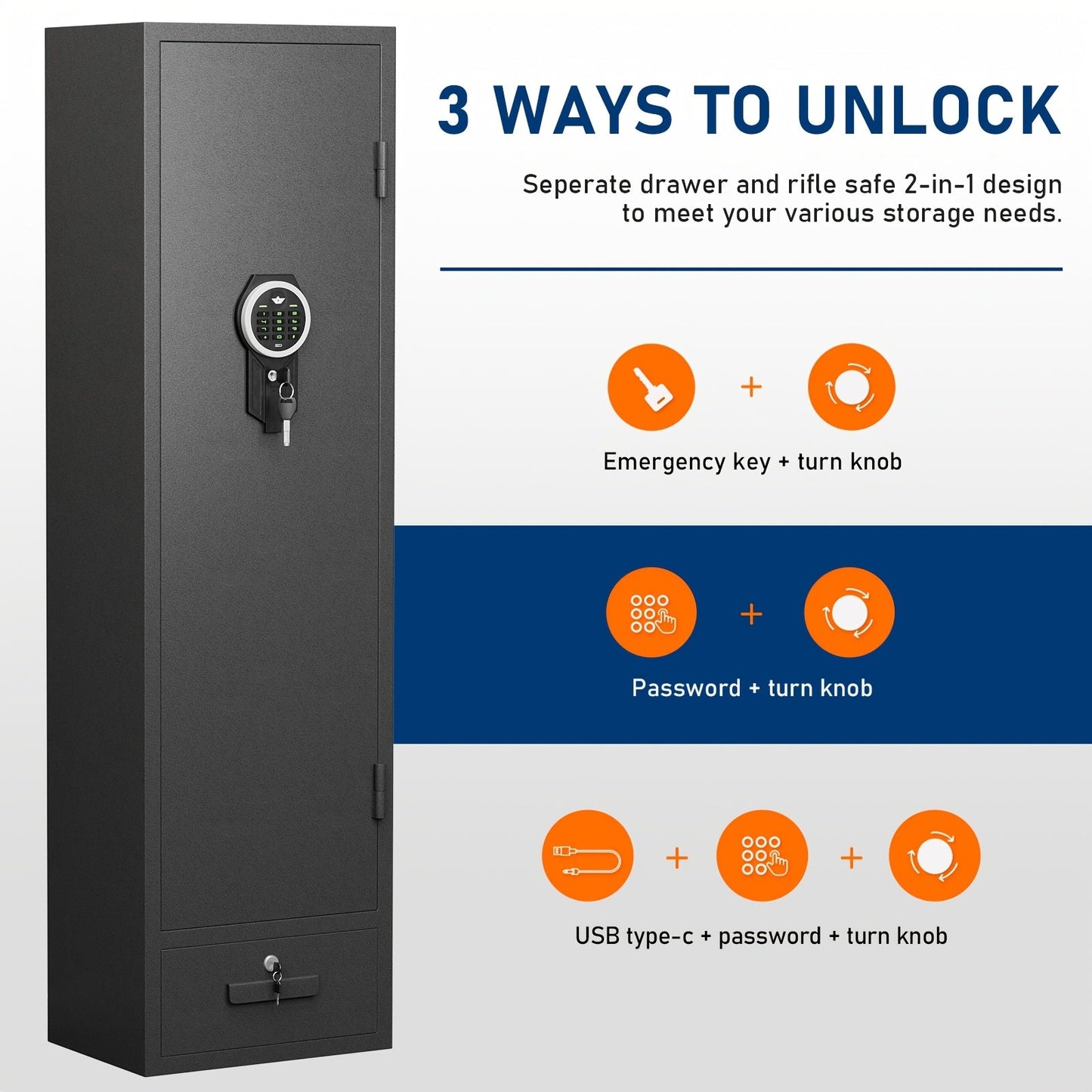 Kavey 4-5 Firearm Safe Cabinet, Security Safe for Rifles and Shotguns, with Combination Lock, LED Interior Lighting, Quick Access Drawer, and Removable Shelves, for Home - Non-Waterproof, Dry Battery Powered (Battery Not Incl WardBoyzPROShop
